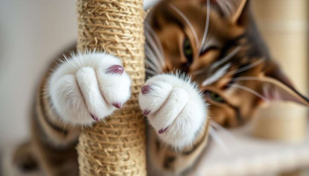 Katze beim Krallenwetzen an einem stabilen Kratzbaum mit Sisalstamm Katze beim Krallenwetzen an einem stabilen Kratzbaum mit Sisalstamm