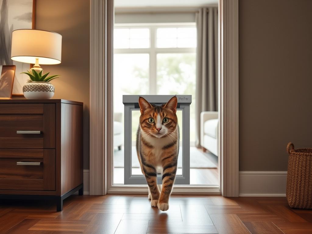 Katze nutzt die PetSafe Haustierklappe zum Eintreten in ein modernes Wohnzimmer