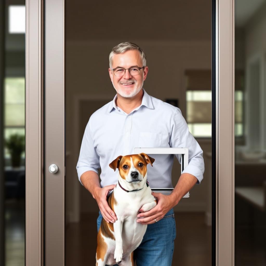 Mann mit Hund vor der PetSafe Haustierklappe, die in einer Glastür installiert ist