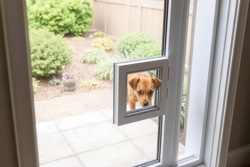 PetSafe Haustierklappe in einer Glasscheibe installiert mit Blick auf einen Garten
