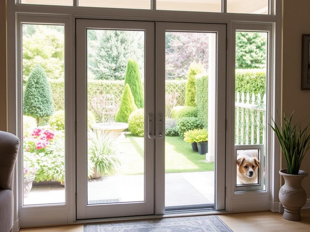 PetSafe Haustierklappe in einer Glastür mit Blick auf einen Garten