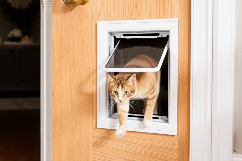 PetSafe Haustierklappe in einer Holztür installiert mit einer Katze, die hindurchgeht