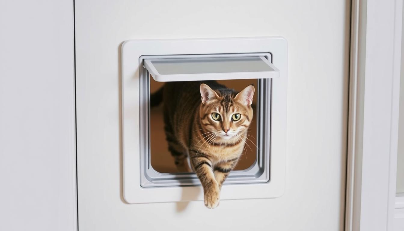 PetSafe Haustierklappe mit Mauserkennung installiert in einer Haustür mit einer Katze, die hindurchgeht