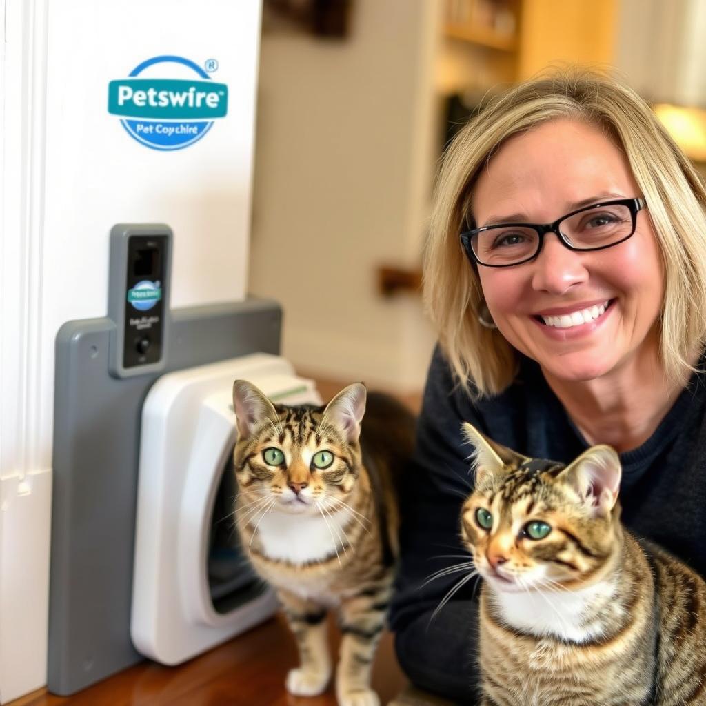 Zufriedene Kundin mit ihrer Katze neben der installierten PetSafe Haustierklappe mit Mauserkennung