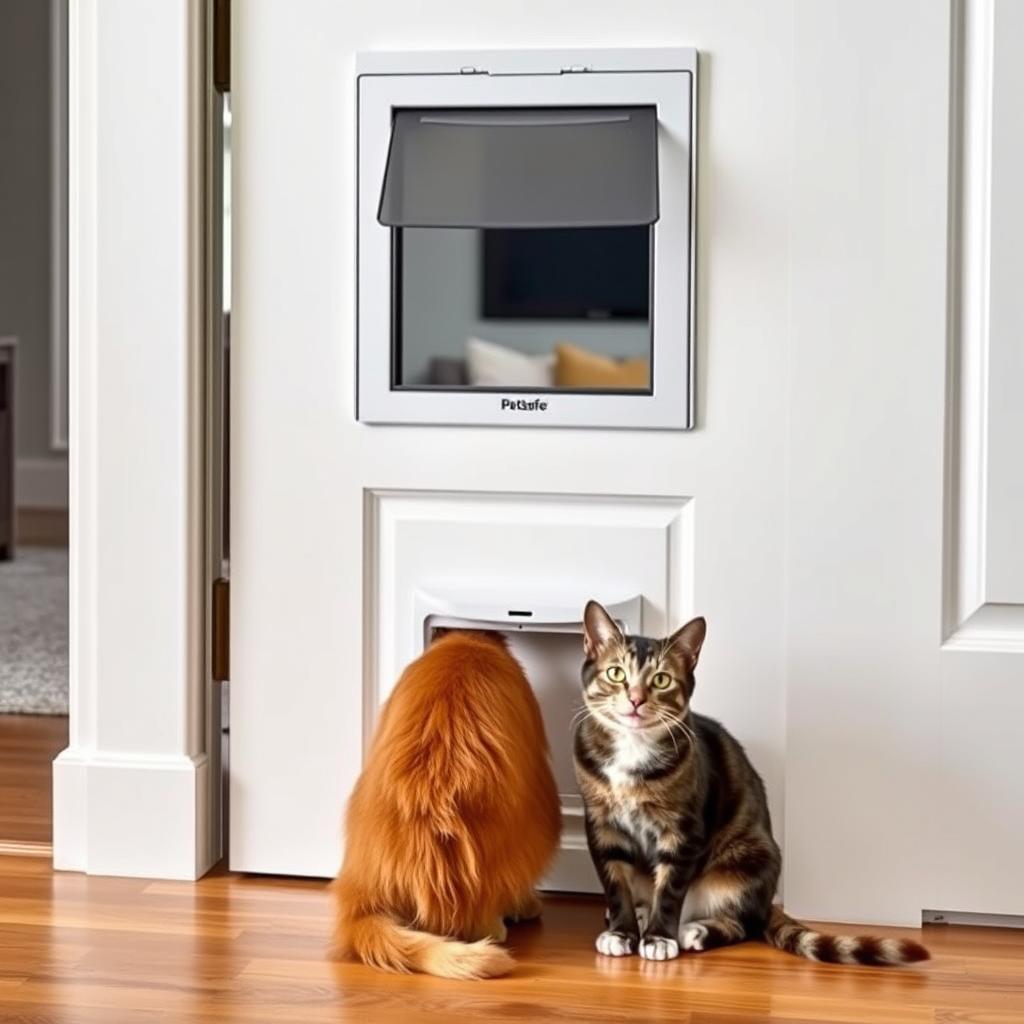 Zwei Katzen neben der PetSafe Haustierklappe in einer modernen Wohnungseinrichtung