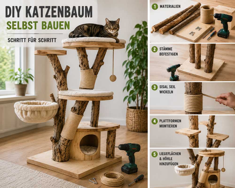 Schritt-für-Schritt Anleitung zum DIY Katzenbaum bauen mit Naturholz, Sisalseil und mehreren Plattformen